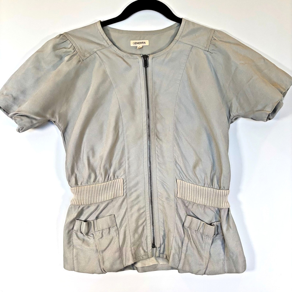 Vintage Generra Zip Front Peplum Jacket Sage Green Short Sleeve Top Womens 4